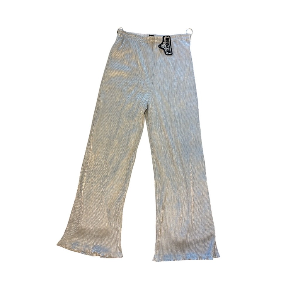 Angie Silver Metallic Pleated Wide Leg Pants B3299/MS87 Womens Medium NEW